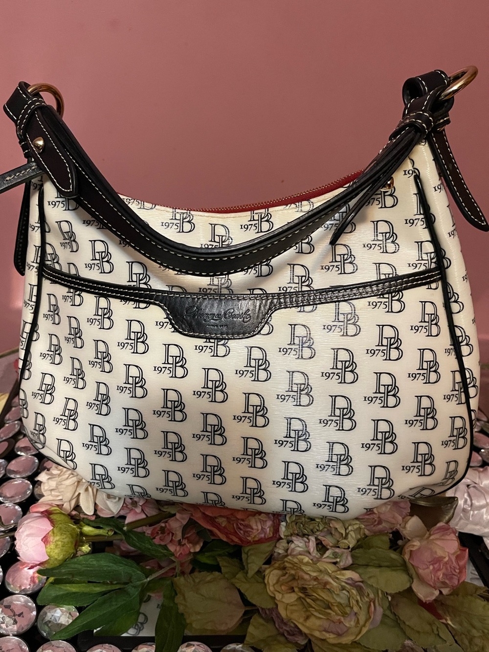 Dooney & Bourke 1975 Cream Logo-Print Shoulder Bag with Black Trim
